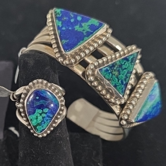 Sterling Silver Navajo Cuff Bracelet & Ring Set Signed Azurite Stones - Picture 2 of 16